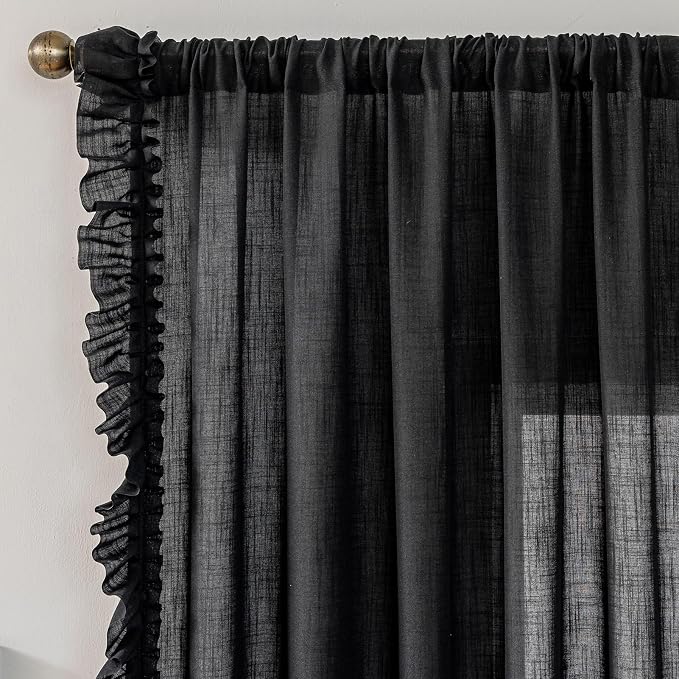 TERLYTEX Black Linen Curtains 96 Inches Long 2 Panels, 58 x 96 Inch, Farmhouse Ruffled Curtains for Living Room Rod Pocket Privacy Light Filtering Semi Sheer Cottagecore Flowy Ruffle Window Drapes