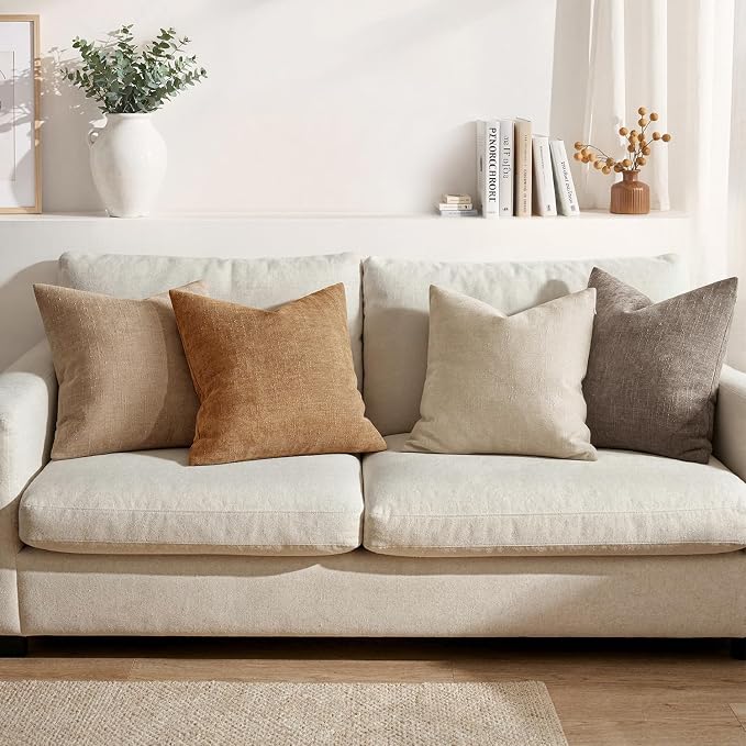 MIULEE Pack of 2 Decorative Throw Pillow Covers Soft Chenille Throw Pillows Solid Textured Cushion Covers for Couch Sofa Bedroom Living Room 18x18 Inch, Beige