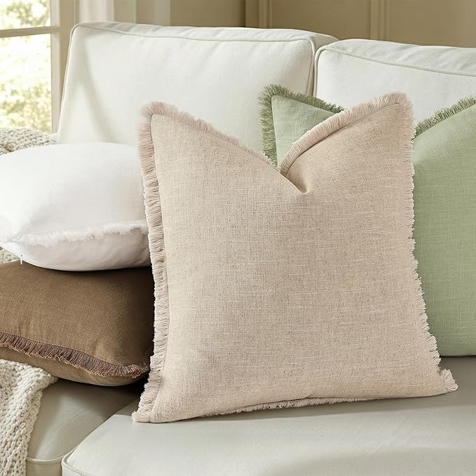 decorUhome Summer Decorative Neutral Linen Fringe Throw Pillow Covers Set of 2 Cream White Pillow Covers with Tassels Soft Farmhouse Boho Accent Pillow Cases for Couch Bed Sofa 20x20 Inch