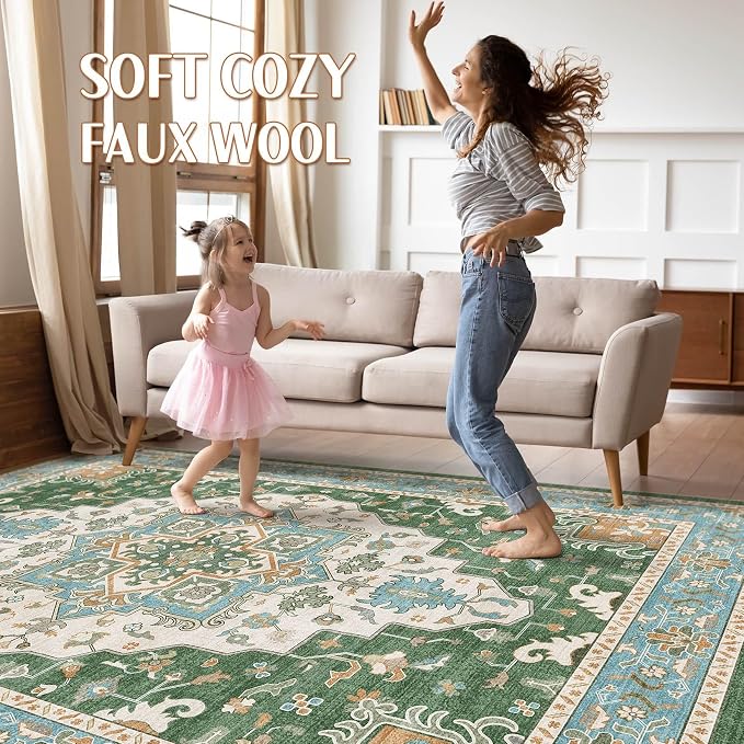 7x9 Area Rug Living Room: Washable Boho Large Neutral Vintage Soft Rug Stain Resistant Farmhouse Non-Slip Indoor Floor Retro Carpet for Bedroom Nursery Kids Office Dining Room- Green Multi