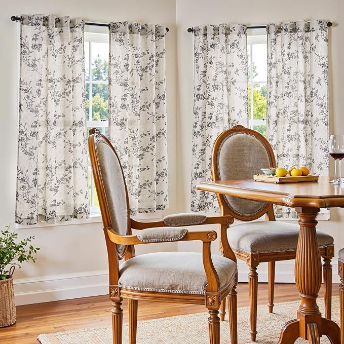 jinchan Black Floral Linen Curtains 63 Inch Rustic Drapes Back Tab 2 Panels | Black on beige, light filtering, semi sheer, farmhouse, country, privacy, flower, bedroom, living room, window treatment