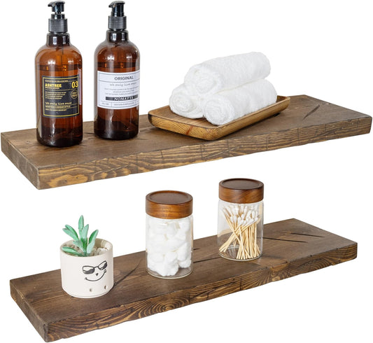 BGMG Floating Shelves 24 inch Long, Distressed,Wide Rustic Wooden Wall Shelves for Bathroom Living Room Bedroom Kitchen Farmhouse Set of 2-24x6.7x1.25 inch-Distressed Walnut