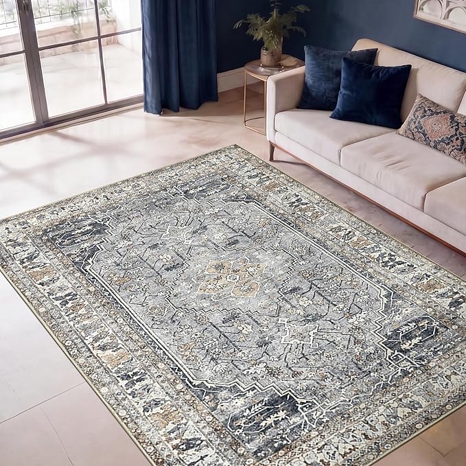 Keen Home Design 5x7 Rug - Machine Washable Area Rug with Non-Slip Backing, Ideal for Living Room, Dining Room, Bedroom - Vintage, Easy Clean, Durable, Low Pile Rug - (5' x 7')