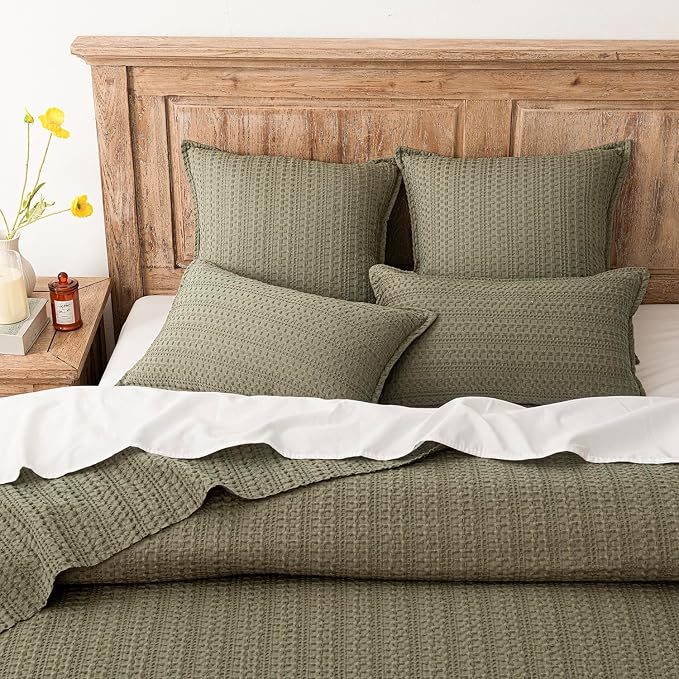 Foindtower Set of 2 Decorative Cotton Waffle Weave Throw Pillow Covers Euro Shams Cushion Covers Accent European Pillowcase for Bed Couch Sofa Bedroom Living Room Home Decor 26×26 Inch Olive Green
