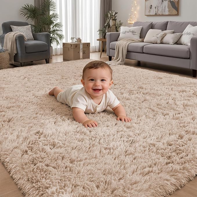 Area Rug for Living Room Bedroom: 9x12 Camel Soft Fluffy Shag Upgrade Non-Slip High Pile Carpet Large Fuzzy Plush Indoor Floor Decor Shaggy Rug for Kid Boys Girls Dorms Playroom Nursery Modern Home