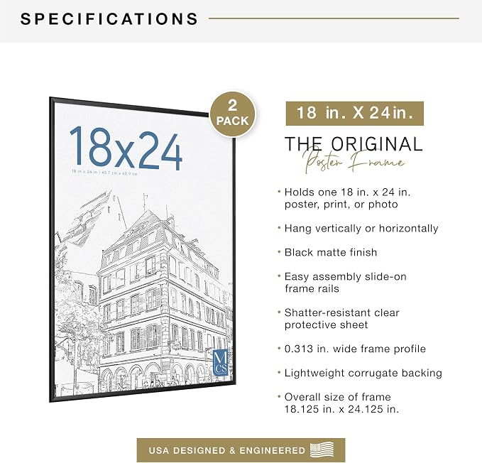 MCS Original Poster Frame 18x24 Black Lightweight Vertical & Horizontal Wall Hanging Large Picture Frame for Posters, Art Prints & Gallery Wall (2-Pack)