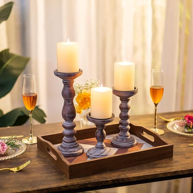 Wooden Pillar Candle Holder: Rustic Brown Candle Stand Wood Distressed Candleholders Farmhouse Fall Decor for Christmas Fireplace Mantle Dining Table Living Room Shelf Set of 3