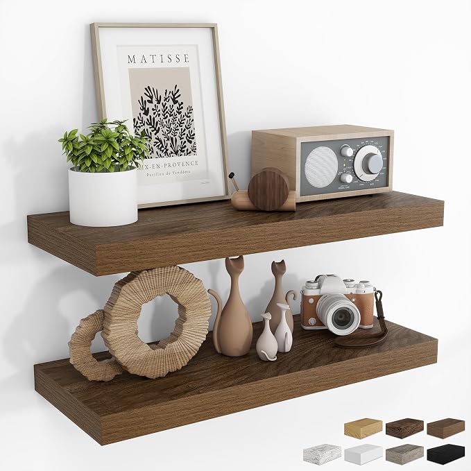 RICHFOCUS 28Inch Floating Shelves for Wall 2 Pack Shelves for Bedroom|Kitchen|Bathroom|Laundry Room Rustic Wood Wall Mounted Shelf with Invisible Brackets for Books|Storage|Decor, Walnut