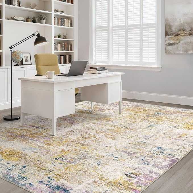 8x10 Area Rugs Living Room: Washable Large Neutral Rug Abstract Soft Modern Stain Resistant Indoor Floor Non-Slip Carpet for Bedroom Nursery Kids Classroom Playroom Dining Room- Gold Multi