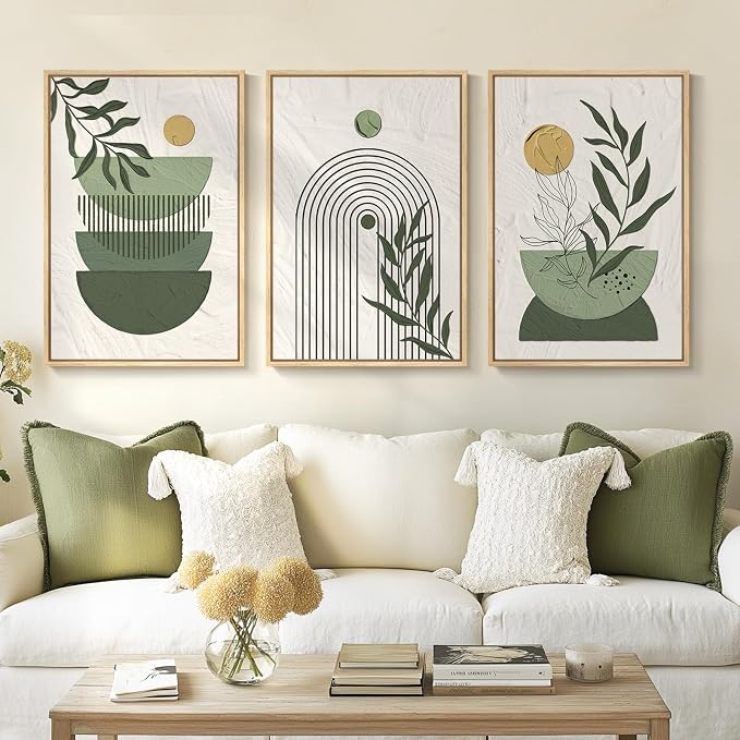 Framed Sage Green Boho Wall Art Bedroom, 3 Piece Bohemian Botanical Paintings Prints Canvas Artwork for Walls, Large Mid Century Modern Boho Pictures for Living Room Home Office Wall Decor, 16x24 In