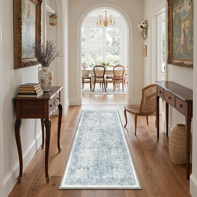 Bavni Washable Rugs 10x14 Machine Washable Rug Lightweight Low Pile, Vintage Floral Rug Non-Shedding Distressed Throw Carpet for Living Room Bedroom Office, Light Blue