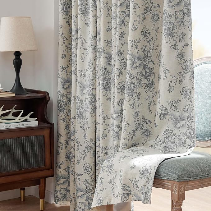 jinchan Blackout Floral Curtains for Living Room Bedroom Linen Blend Curtain Farmhouse Grey Printed with Lined Back Tab Rod Pocket Drapes Window Treatments 2 Panels 63 Inch Gray