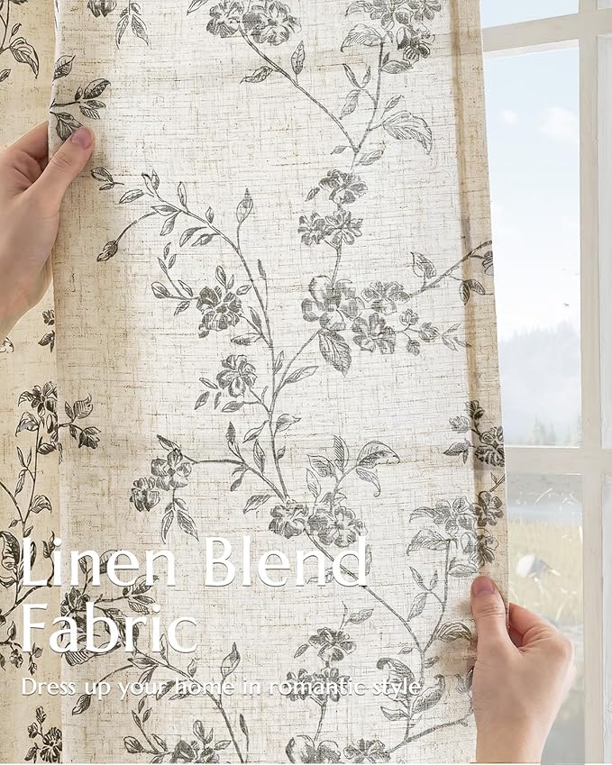 jinchan Black Floral Linen Curtains 96 Inch Farmhouse Back Tab 2 Panels | Flower patterned drapes, french country, printed, privacy, light filtering, bedroom, living room, dining room, home decor