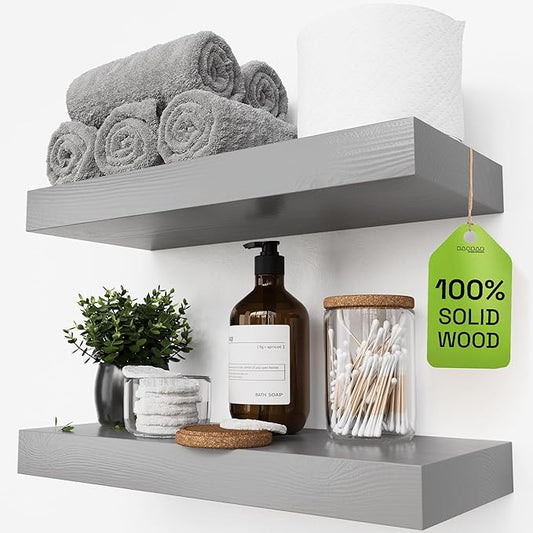 Solid Wood Floating Shelves for Wall 16 Inch Grey, Wooden Bathroom Shelf | Natural Wood, For Room Wall, Bedroom Kitchen Living Room, Rustic, Gray Finish, 16W × 6.7D, Set of 2