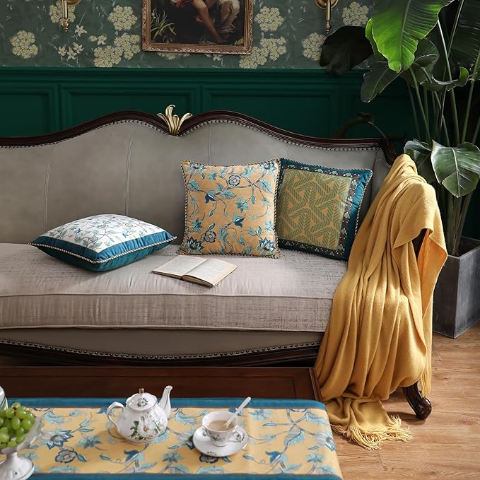 patdrea Designer Throw Pillow Covers 18x18 Inch,Green Classy Velvet Faux Embroidery Vine Floral Collection Pattern,Decorative Square Pillowcases Cushion for Bed Living Room Outdoor Car,Pack of 4