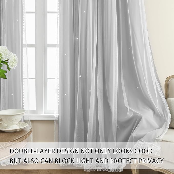 XiDi Grey Blackout Curtains 2 Panels for Bedroom Girls Kids Baby Boys Window Curtain Double Layer Star Cut Out Aesthetic Living Room Decor Wall Home Decorations Curtain, Light Grey W52 x L72 Inches