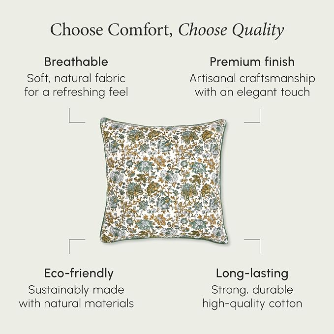 CPC 100% Cotton Throw Pillow Covers 24x24 Inch, Set of 2 Blue Block Print Pattern Couch Pillow, Cute Boho Decorative Pillows for Living Room, Bedroom with Hidden Zipper- Harvest Bloom