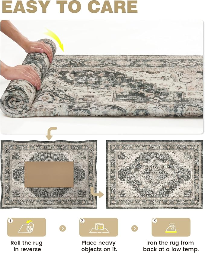 Roxstand Washable Rugs 8x10 Area Rugs for Living Room, Bedroom, Office, Ultra-Thin Anti Slip Backing Rug, Super-Soft Vintage Large Area Rug, Home Decor Farmhouse Rugs (Black/Beige, 8'x10')