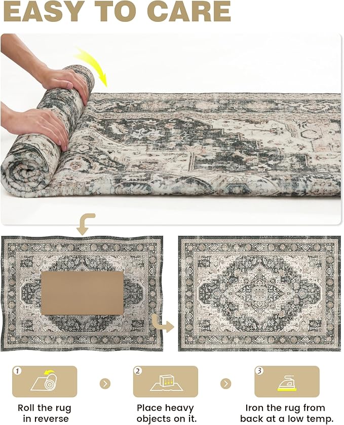 Roxstand 2x3 Washable Entryway Area Rug, Black/Beige | Low-Pile Carpet, Non-slip Backing, Stain Resistant, Rug for Kitchen, Laundry Room, Entryway, Vintage Design