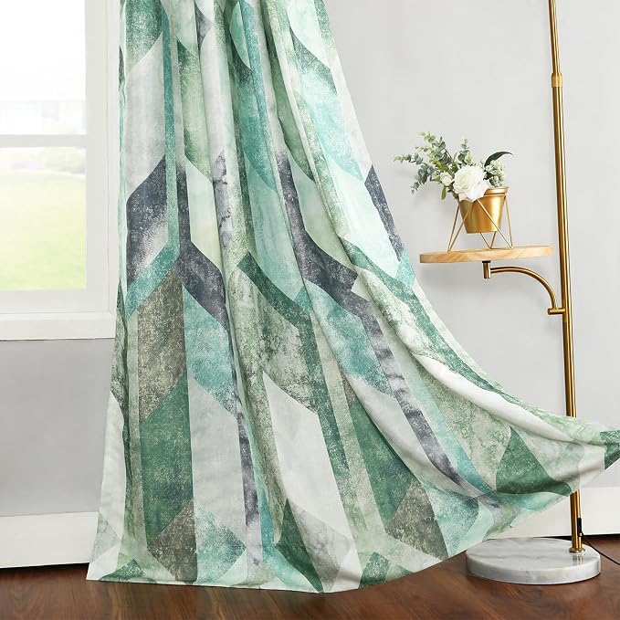Leeva Printing Curtains & Drapes, Faux Linen Geometric Pattern Grommet Curtain Panels for Bedroom, Modern Style Light Filtering Window Treatment for Living Room, 60 x 106, 2 Pieces, Green