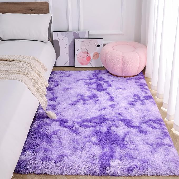 AROGAN Soft Rainbow Area Rugs for Girls Room 5x8 Feet, Fluffy Girls Bedroom Rugs, Princess Rug, Cute Colorful Carpet for Kids Teens Nursery Toddler （Purple）