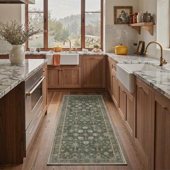 Bavni 2x3 Doormat, Machine Washable Runner Rug Non Slip, Vintage Floral Floral Vines Rugs for Entrance-Lightweight Low Pile Carpet for Hallways Kitchen and Corridor, Dusty Green