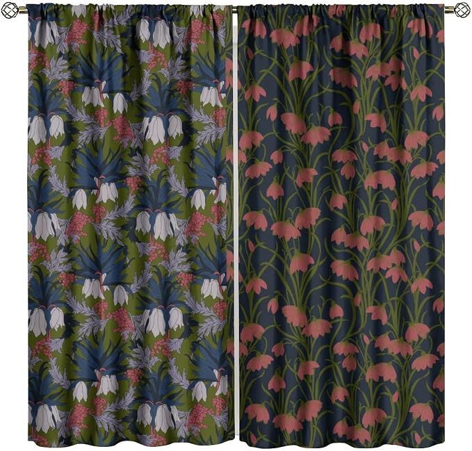 William Morris Flower Blackout Curtains, Vintage Botanical Paisley Abstract Floral Boho Window Drapes, for Living Room Bedroom 63" W X 72" L