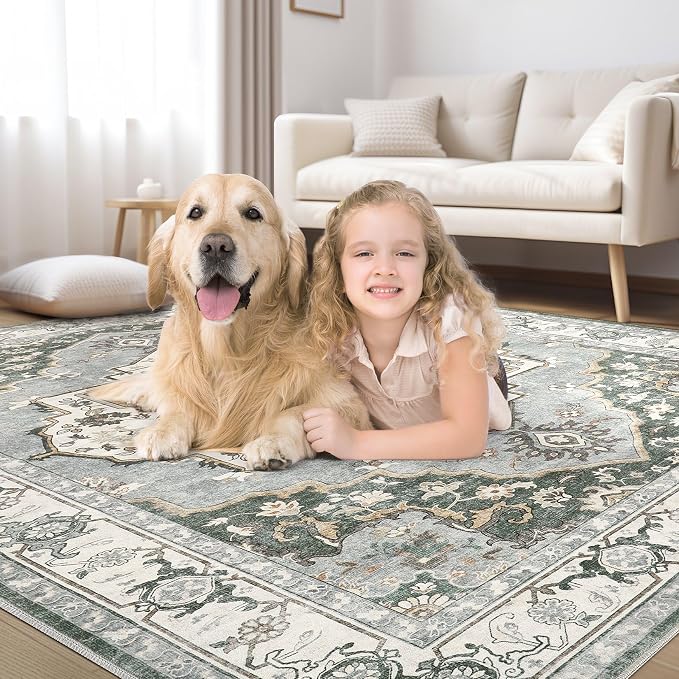 6x9 Washable Area Rug: Vintage Neutral Soft Non Slip Thin Large Floor Carpet for Living Room Bedroom Kitchen Dining Room Home Office Farmhouse Indoor - Green