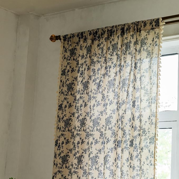 OYX Boho Blue Floral Curtains 96 Inch, Linen Farmhouse Toile Rose Drapes with Tassels, Light Filtering Semi Sheer Curtains for Living Room Bedroom, 2 Panels, Rod Pocket, 52Wx96L