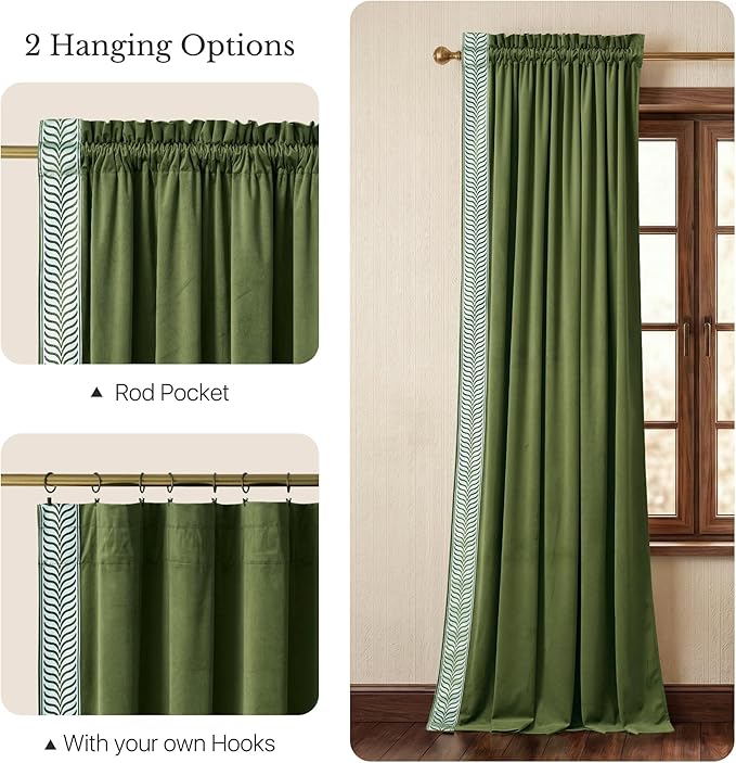 NICETOWN Rod Pocket Embroidered Trim Velvet Curtains, 2 Panels, Olive Green, 96 Inch Length Adjustable Velvet Curtains, Room Darkening Noise Reduce Drape, Modern Window Panels for Bedroom Living