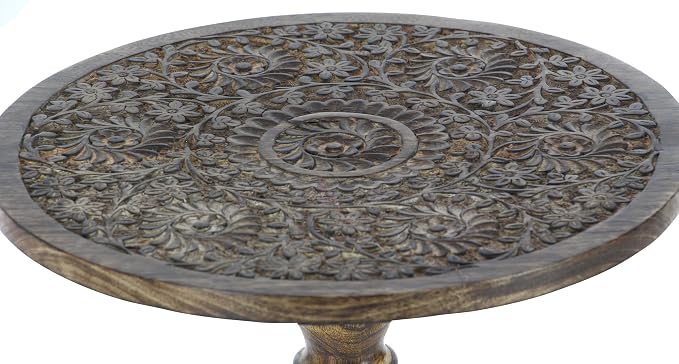 Deco 79 Mango Wood Floral Handmade Side End Accent Table Intricately Carved End Table with Turned Base, Side Table 17" x 17" x 21", Dark Brown
