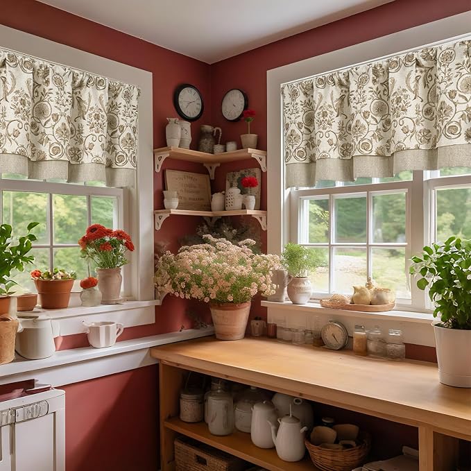 jinchan Linen Valance Kitchen Curtain for Windows Double Layer 18 Inch for Living Room Bedroom Window Treatment Light Filtering Vintage Rustic Farmhouse Cottagecore Rod Pocket 1 Panel Taupe on Beige