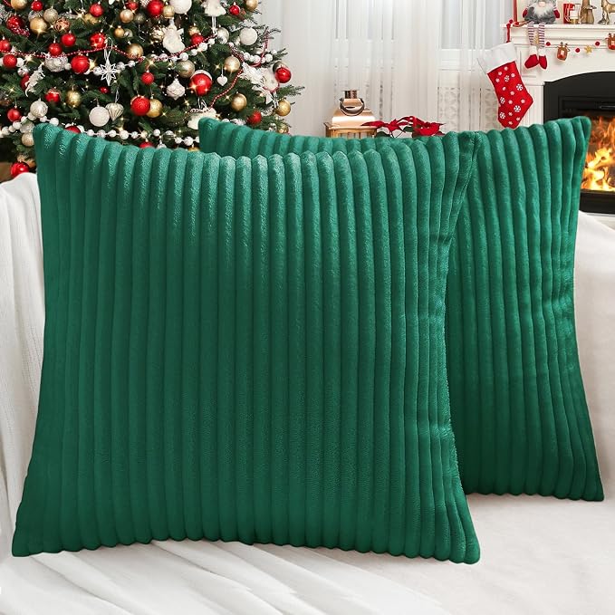 Simmore Decorative Fall Throw Pillow Covers 24x24 Set of 2, Soft Natural Plush Flannel Double-Sided Fluffy Couch Euro Sham Pillow Covers for Sofa Living Room, Green