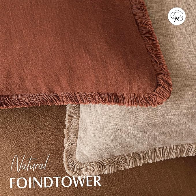 Foindtower Set of 2 Decorative Linen Fringe Throw Pillow Covers Boho Farmhouse Cushion Cover with Tassels Soft Accent Pillowcase for Couch Sofa Bed Living Room Home Decor,20×20 Inch,Orange Brown