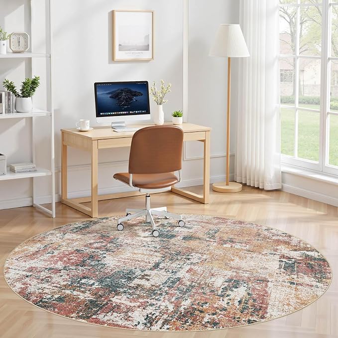 Tortania Washable 6' Round Area Rug for Living Room: Modern Abstract Neutral Large So' Thin Rugs - Non Slip Indoor Carpet for Bedroom Dining Room Office Nursery Home Floor Decoration - Colorful Multi