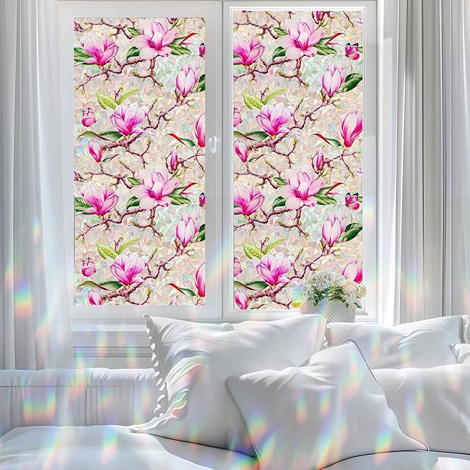Window Privacy Film Stain Glass Window Film Rainbow Window Film Window clings Non-Adhesive Reusable Decorative for Room (Rainbow Magnolia, 17.5 X 78.7 in)