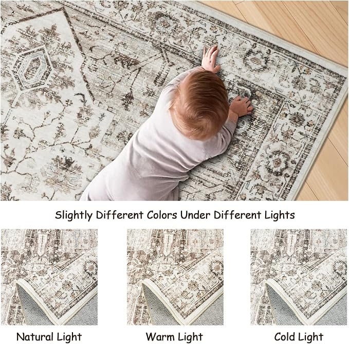 Roxstand 8x10 Washable Area Rug, Large Non Slip Rug, White/Brown | Non-slip Backing, Low-Pile Carpet, Stain Resistant,Rugs for Living Room,Bedroom, Dining Room, Office