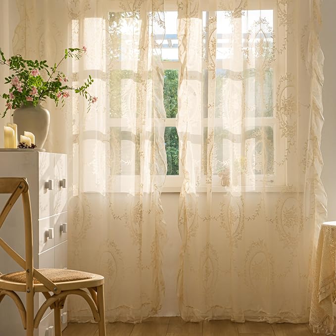 Sutuo Home Beige Lace Curtains 96 Inches Long 2 Set, Sheer Panels Rose Floral Embroidery Vintage Voile Window Treatment Pair for Bedroom Living Room, Retro Christmas Decor Rod Pocket, W57 x L96