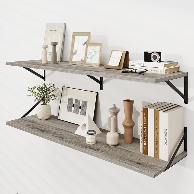 Dreamland Floating Shelves for Wall, 12 Inch Deep Floating Shelves Set of 2, 48W x 12D Large Wall Shelf with Sturdy Metal Brackets for Living Room, Bathroom, Bedroom and Kitchen, Grey