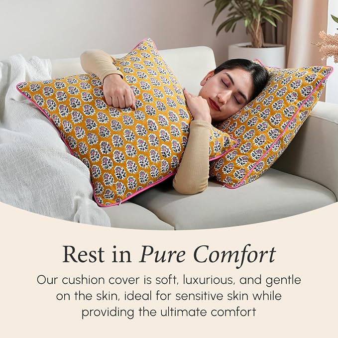 CPC 100% Cotton Throw Pillow Covers 18x18 Inch, Set of 2 Yellow Block Print Pattern Couch Pillow, Cute Boho Decorative Pillows for Living Room, Bedroom with Hidden Zipper- Yellow Citrine