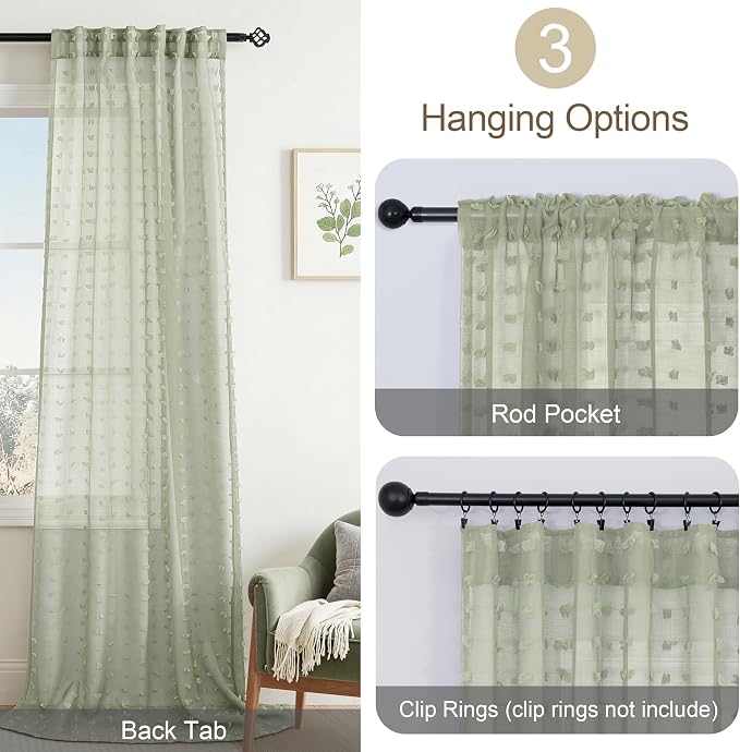 Sage Green Sheer Curtains 96 Inch Long 2 Panels Boho Pom Pom Design Bedroom Curtain Back Tab Soft Modern Farmhouse Lightweight Semi Sheer Greyish Light Green Window Drapes for Sliding Glass Door 52x96