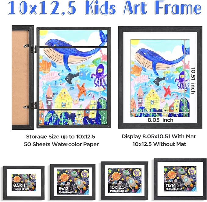 KINLINK 10x12.5 Kids Art Frame 2 Pack, Solid Wood Artwork Frames Changeable, Front Opening Hold 150 Pictures, Art Frames for Kids Artwork, 8.5x11 with Mat 10x12.5 without Mat, Picture Frames Black Wood