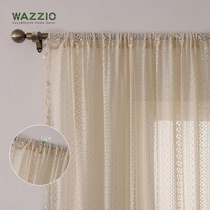 WAZZIO Boho Lace Curtains 105 Inch 2 Panel,Light Filtering Privacy Tassel & Geometry Crochet Semi Sheer Curtain Drapes for Bedroom Living Dining Room,Rod Pocket & Tassel,Vintage Farmhouse Decor,Beige