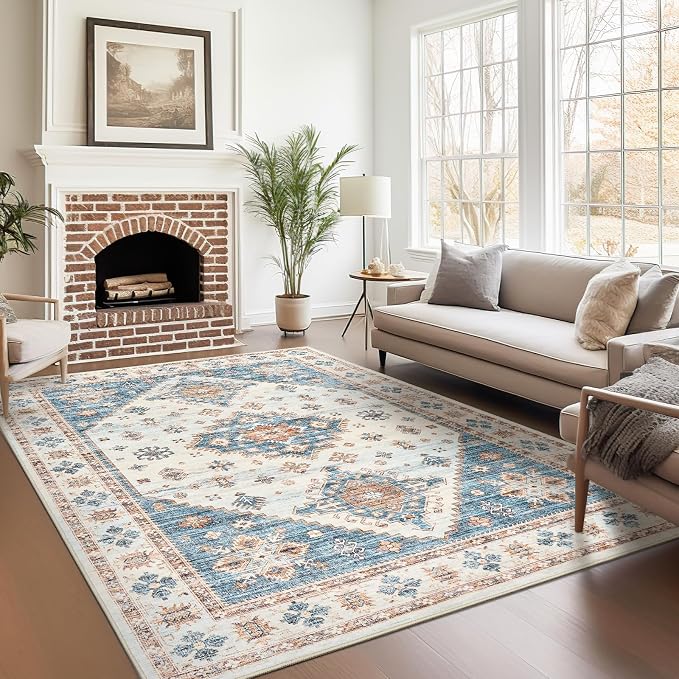 Roxstand Living Room 6x9 Washable Area Rugs, Blue/Beige | Large Area Rug, Non-slip Backing, Super-Soft Floral Vintage, Low Pile, For Living Room, Bedroom, Dining Room, Office