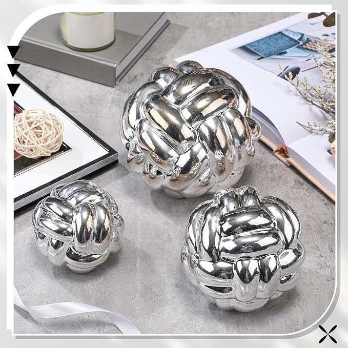 Wenqik Silver 3 Pcs Knot Decor, Chain Link Coffee Table Bookshelf Decor Accents, Entry Table Ceramic Aesthetic Minimalist Decorative Objects for Modern Home Living Room Decoration 3 Sizes