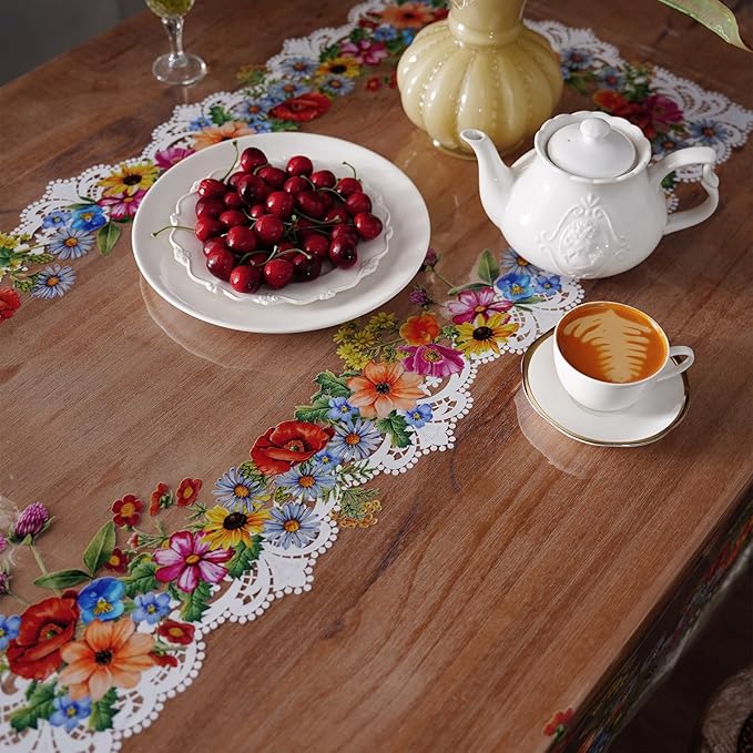 Clear Table Protector Cover Vinyl Rectangle PVC Tablecloth Waterproof Oil Proof Wipeable Plastic Tablecloths for Spring Summer Home Kitchen Dining Table (Lace Floral, 60 x 104 Inches)