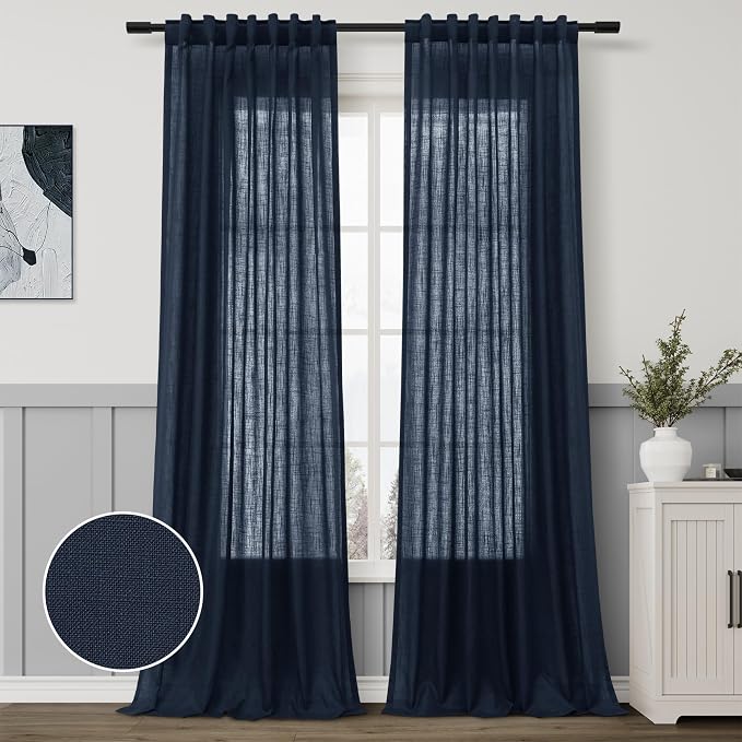 Aersas Navy Linen Curtains 120 Inches Long for Bedroom 2 Panels Back Tab Pocket Drapes Light Filtering Semi Sheer Privacy Dark Blue Curtains for Living Room 52x120