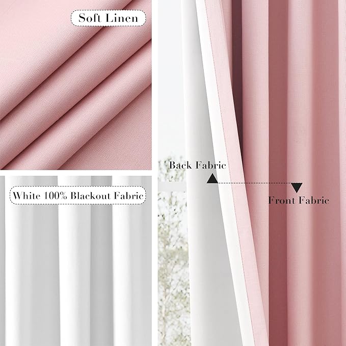 Joywell 100% Blackout Linen Curtains 90 Inch Long for Girls Bedroom Window Black Out Curtain Back Tab Rod Pocket Pink Thermal Insulated Drapes for Nursery Kids Room 2 Panels,52 x 90