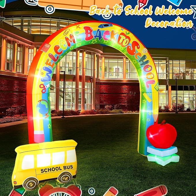Shappy 9ft Welcome Back to School Inflatables Arch Decoration Outdoor 2026 with LED Lights for Blow up Archway First Day of School Party Lawn Yard Kindergarten Preschool Decor(Rainbow with Bus)