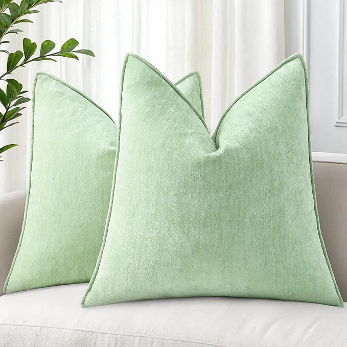 decorUhome Fall Couch Euro Sham Throw Pillow Covers 22x22 Set of 2, Decorative Soft Velvet Modern Cozy Chenille Pillow Cases with Elegant Design for Sofa Bed Living Room Home Decor, Sage Green
